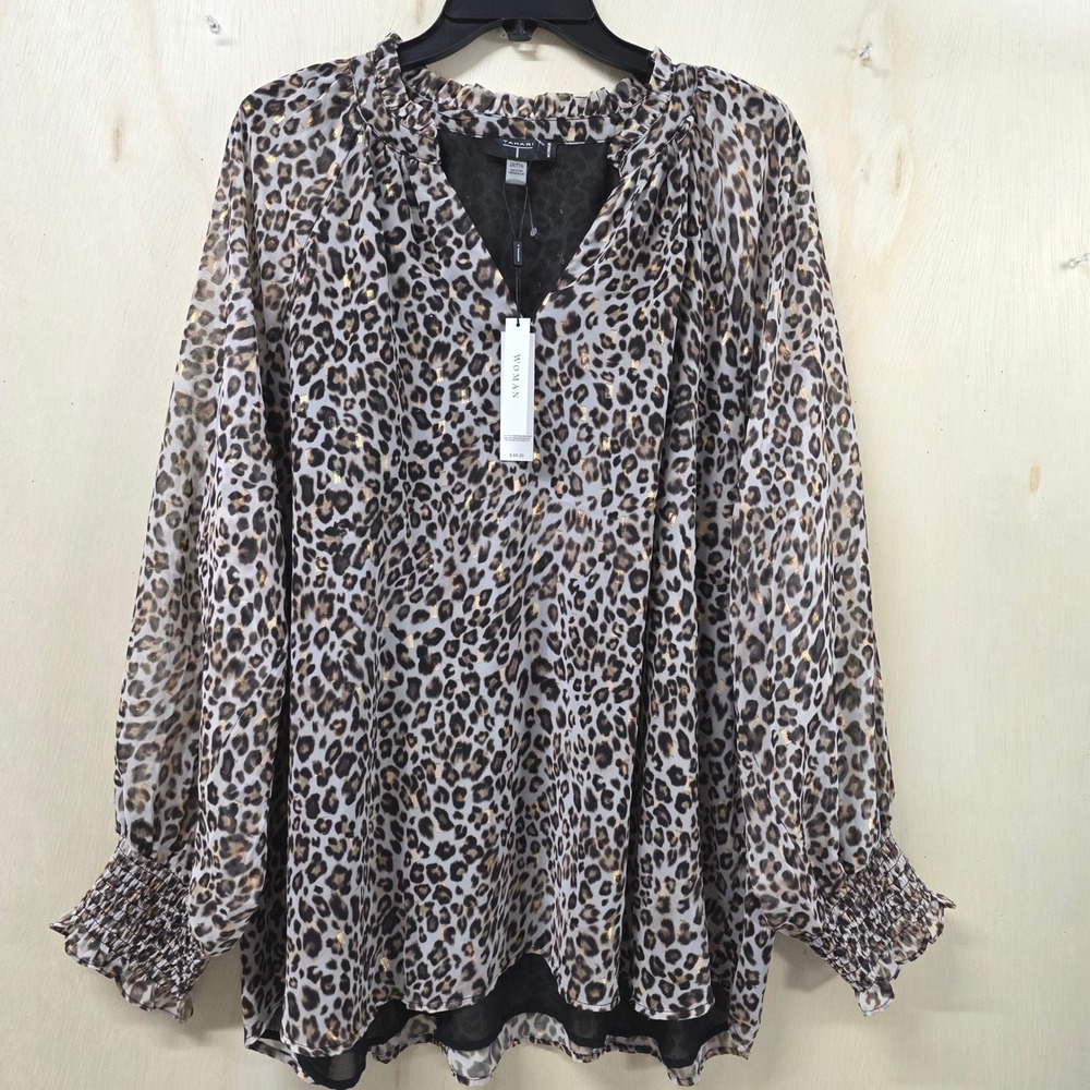 Tahari Woman 2X Leopard Print Metallic Gold Clip Dot Ruffle V-Neck Blouse NWT